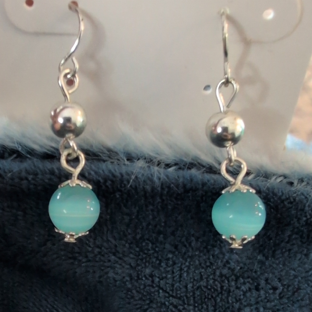 Turquoise Bead Drop Earrings — Silver Tone